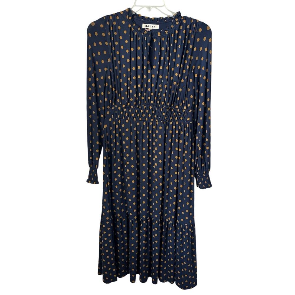 Boden Rosanna Long Sleeve Tea Dress Polka Dot Ruched Pockets Stretchy Modest 12R - Picture 5 of 14